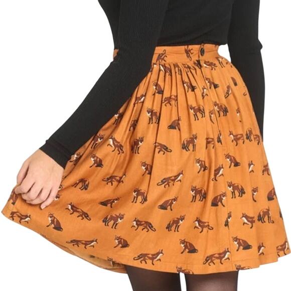 Hell Bunny Fox Print Skirt Cognac Button Front Size XS Retro Punk Style NWOT - Picture 3 of 9